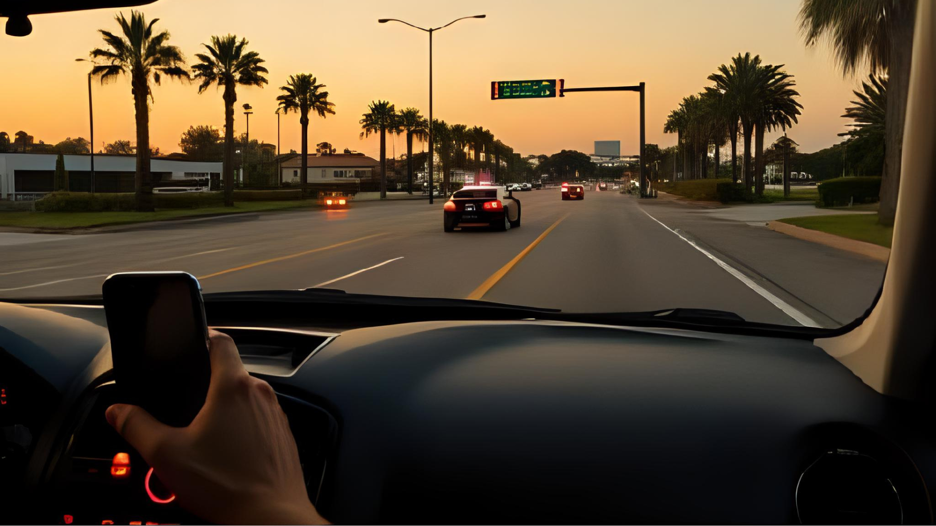 A photo-realistic scene of a Southwest Florida roadway at golden hour. A car is stopped at a red light while the driver’s phone glows faintly on the seat — symbolizing temptation and distraction. In the rearview mirror, the reflection shows palm trees, a police cruiser in the distance, and the soft hues of a Florida sunset. The atmosphere feels warm yet cautionary — conveying both serenity and consequence. Subtle visual cues like a highway sign reading “Bonita Springs” and an American flag near a law office hint at local context and legal oversight. Style: cinematic realism, golden-hour lighting, professional tone, emotionally grounded, community-centered, detailed textures, 16:9 aspect ratio.
