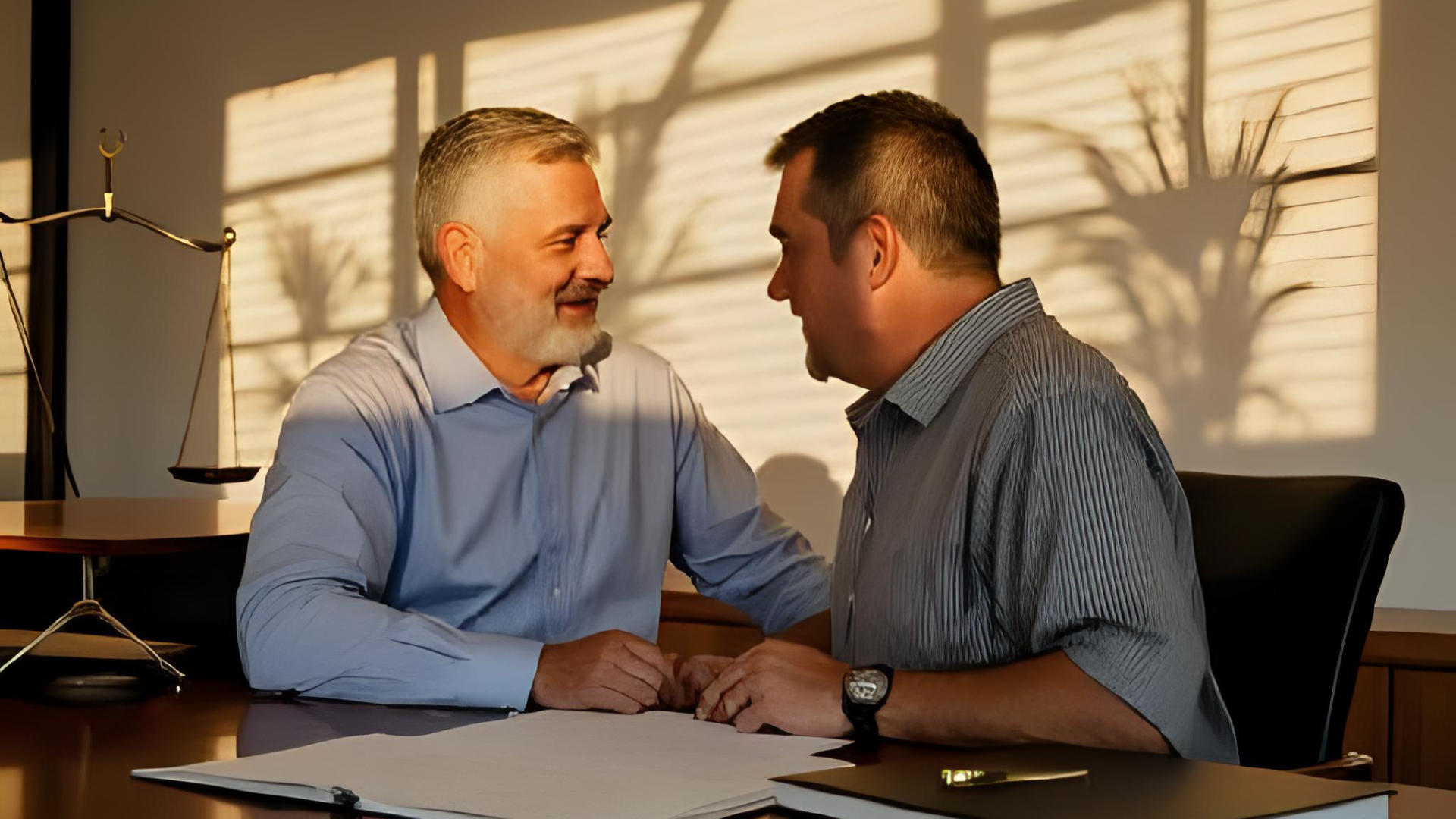 A compassionate personal injury lawyer and a client with a neck brace sit together in a warmly lit Florida law office. On the lawyer’s desk lies a case file labeled “Florida Car Accident – Pre-Existing Condition.” Sunlight filters through blinds, casting soft shadows of palm trees on the wall. A faint reflection of the scales of justice glows in the background. The atmosphere conveys trust, empathy, and determination. Style: cinematic photo-realism, golden-hour lighting, professional yet human tone, subtle Florida elements (palm shadows, warm hues).