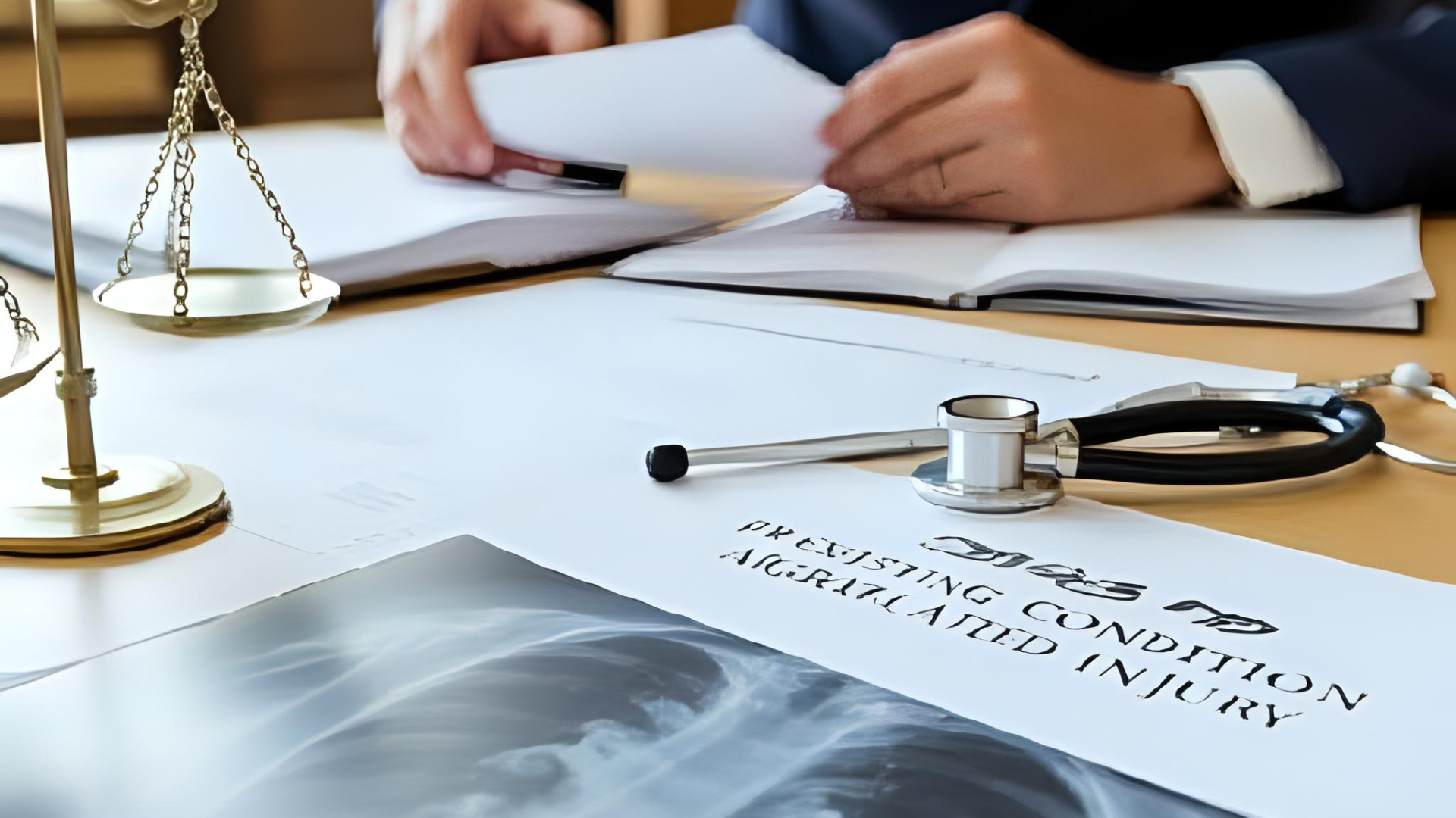 A close-up of a legal desk stacked with medical files, X-rays, and court documents labeled “Pre-Existing Condition – Aggravated Injury.” A lawyer’s hands are seen arranging papers beside a small bronze scale of justice. In the soft background, a stethoscope rests on a medical report, symbolizing collaboration between law and medicine. The scene feels meticulous and focused — calm before the storm of litigation.