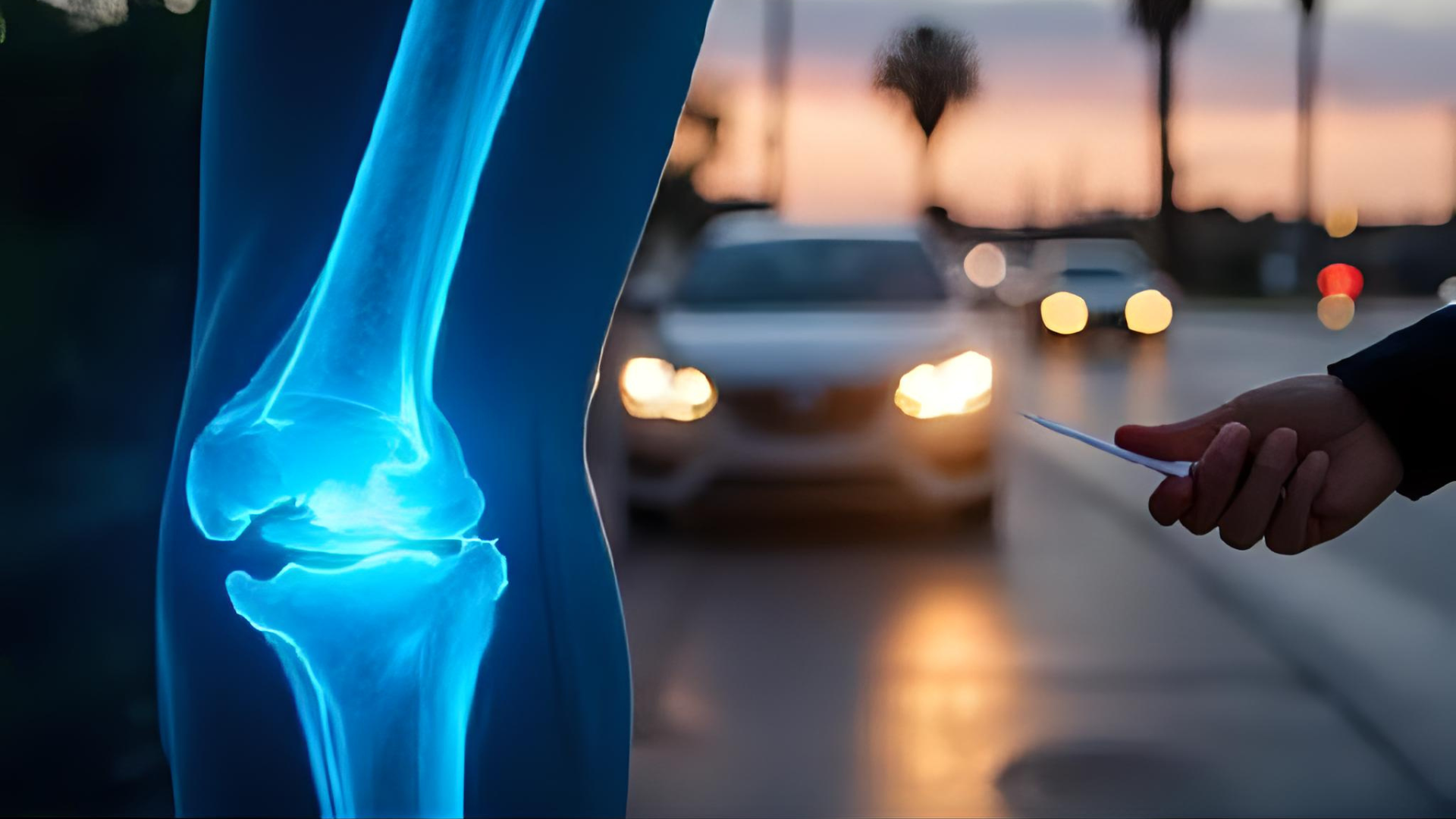 A symbolic concept image depicting a car collision on a Florida street at dusk. One half of the scene shows a ghosted X-ray overlay of a spine or knee (representing a pre-existing injury), glowing faintly in blue. The other half shows a lawyer’s hand reaching out with legal documents toward the victim, symbolizing advocacy. Palm trees line the blurred background, headlights reflecting on wet pavement after a rain.