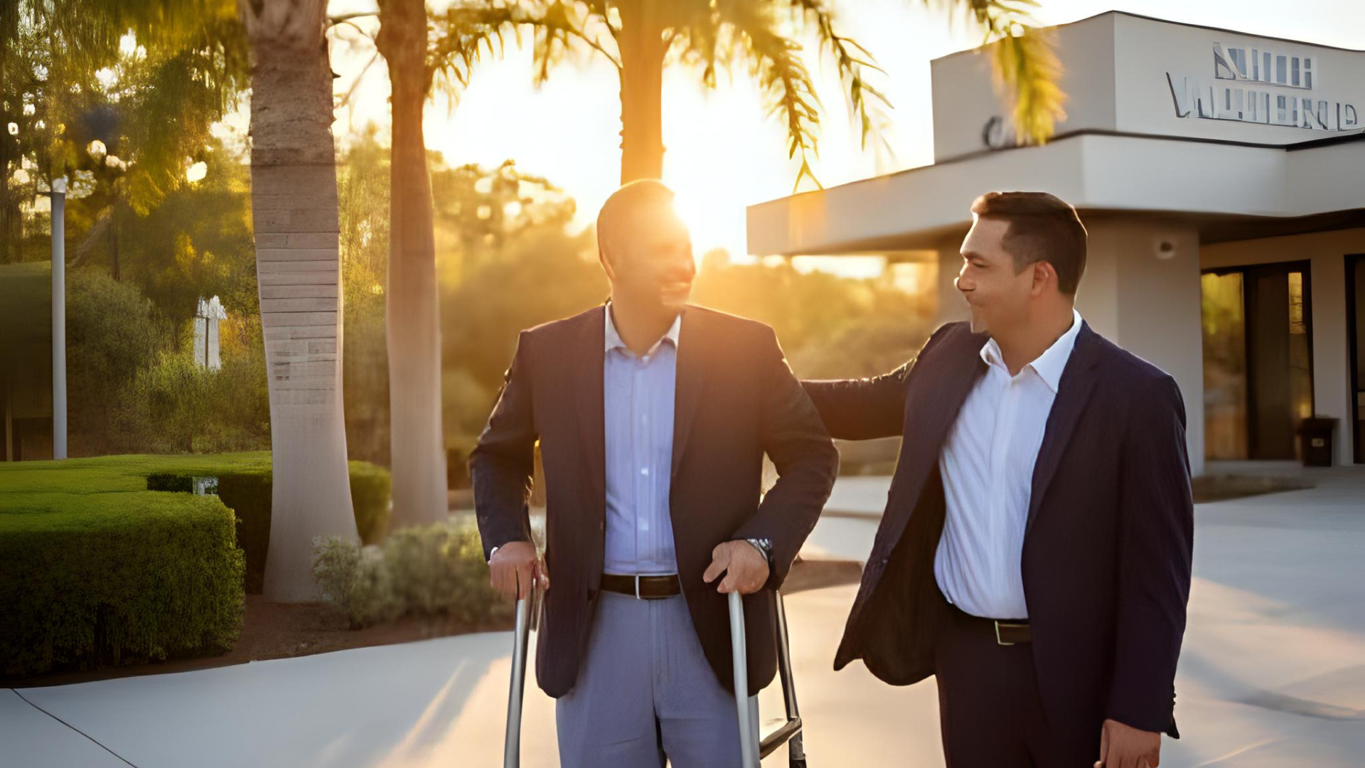 A compassionate lawyer gently supporting a client on crutches outside a modern law office in Southwest Florida. Warm sunset light glows through palm trees, symbolizing hope and recovery. The lawyer’s expression is focused yet kind. The sign Smith & Valentine Law visible in the background. Style: realistic photography, soft lighting, emotional depth, community-centered yet professional tone.