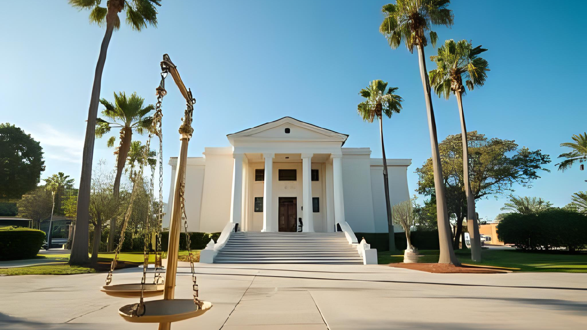 A wide, cinematic shot of a Florida courthouse surrounded by palm trees under clear blue skies. In the foreground, a subtle overlay of balanced scales or a faint reflection of a lawyer walking confidently up the steps. Symbolic of justice and protection. Style: cinematic, crisp contrast, polished editorial look.