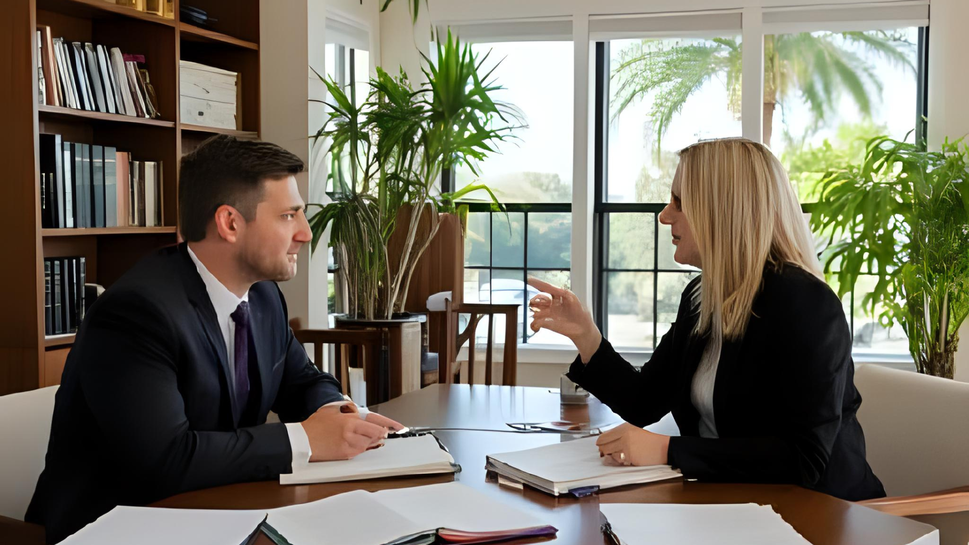 A professional law office scene in Southwest Florida, featuring two attorneys — one male, one female — discussing a case with a client at a wooden desk. Natural sunlight filters through large windows, tropical plants in the background, and legal books on shelves. The atmosphere is calm, trustworthy, and empathetic. Style: photo-realistic, editorial, warm lighting, slight vignette.